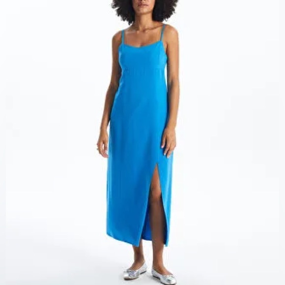 Zara linen blend gorgeous royal blue midi slit dress w/ great spaghetti straps - Picture 2 of 15